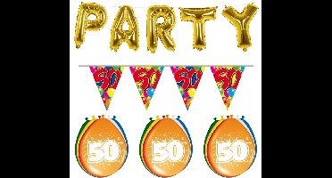 Folat - Verjaardag feestversiering 50 jaar PARTY letters en 16x ballonnen met 2x plastic vlaggetjes