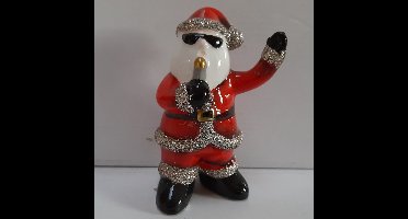 Beeld kerstman met glitterpak en gouden microfoon -10cm hoog