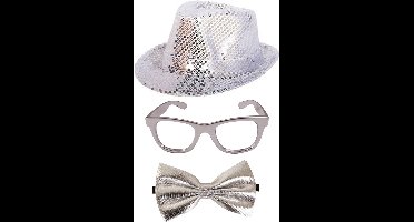 Folat Verkleedkleding set hoed/strikje/bril zilver glitter volwassenen