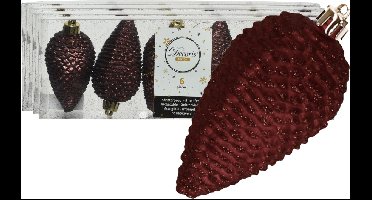 Decoris Kersthangers dennenappels - 24x -mahonie bruin - glitter - 8 cm - kunststof - kerstversiering