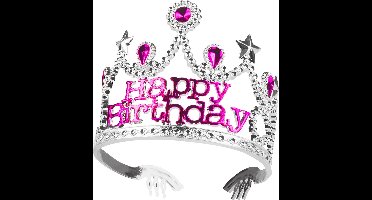 Boland - Tiara 'Happy birthday' Zilver - Één maat - Kinderen - Vrouwen - Prinsen en Prinsessen