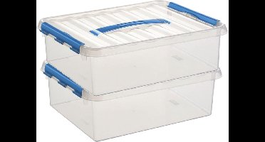 2x sunware q-line opberg box/opbergdoos - 12 liter - 40 x 30 x 14 cm - kunststof - opslagbox - transparant/blauw