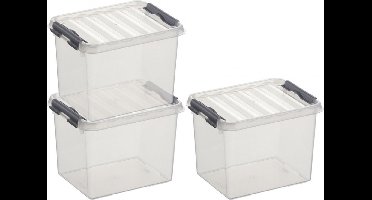 3x sunware q-line opberg box/opbergdoos - 3 liter - 20 x 15 x 14 cm - kunststof - opslagbox - transparant/zilver
