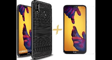 Hoesje geschikt voor Huawei P20 Lite Geborsteld - Zwart Rugged Armor + Screen Protector Tempered Glass - Case van iCall