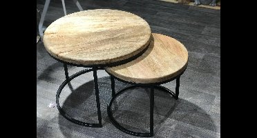 SENSE Salontafel Industrieel S/2 - Bijzettafel zwart -Salontafel set mango 2-delig extra dik blad