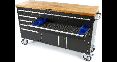 HBM 152 cm. Professionele Gereedschapswagen / Werkbank met Houten Blad - ZWART