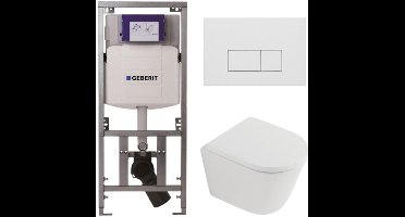 QeramiQ Dely Toiletset - 36.3x51.7cm - diepspoel - rimless - Geberit UP320 inbouwreservoir - softclose toilet zitting 35 mm - mat witte bedieningsplaat - rechthoekige knoppen - mat wit