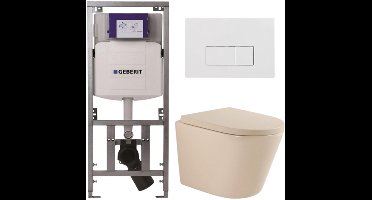QeramiQ Dely Toiletset - 36.3x51.7cm - diepspoel - rimless - Geberit UP320 inbouwreservoir - softclose toilet zitting 35 mm - glans witte bedieningsplaat - rechthoekige knoppen - mat beige