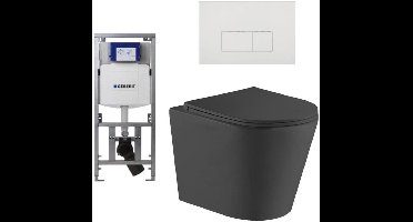 QeramiQ Dely Toiletset - 36.3x51.7cm - diepspoel - rimless - Geberit UP320 inbouwreservoir - met Burda frame - softclose toiletzitting - glans witte bedieningsplaat - rechtehoekige knoppen - mat zwart