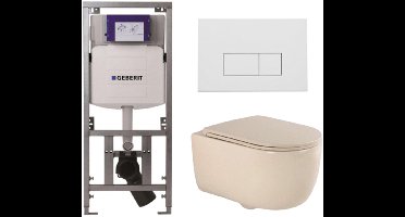 QeramiQ Dely Swirl Toiletset - 36.3x51.7cm - Geberit UP320 inbouwreservoir - met Burda frame - slim zitting - mat witte metalen bedieningsplaat - rechthoekige knoppen - beige