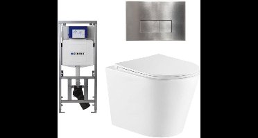QeramiQ Dely Toiletset - 36.3x51.7cm - diepspoel - rimless - Geberit UP320 inbouwreservoir - met Burda frame - softclose toiletzitting - steel bedieningsplaat - rechtehoekige knoppen - wit glans