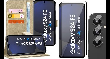 Hoesje geschikt voor Samsung Galaxy S24 FE - Screenprotector Volledig Dekkend Glas & Camera - Portemonnee Book Case Goud