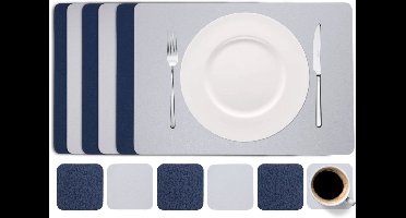 Cookinglife 6 Placemats + 6 Onderzetters - Dubbelzijdig Vegan Lederlook - Kunstleer - Blauw/Grijs - Makkelijk Te Reinigen - 46 x 33 cm Placemats 10 x 10 cm Onderzetters