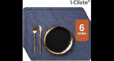 Cliste Luxe Leren Placemats 45x30 cm - Set van 6 - Blauw met Prachtige Bladerenprint - Placemats - Stijlvol, Duurzaam - Antislip Placemats