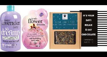 Treaclemoon Cadeauset Lavendel & Slaap Thee - Treaclemoon Douchegel Sleepy Lavender - Treaclemoon Bath Salt Bubbling Flower Dreams - ARELO Slaap lekker thee - Liv 'n Taste Chocoladewens It's Your Day