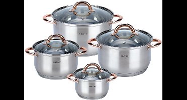 Kinghoff 1763 - 8 delige pannenset - kookpannen - 16-18-20-24 cm - met deksel - golden rose