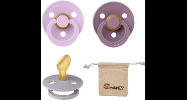 Bibs Dental fopspenen Anatomical 0-6 maanden- Set 3 stuks- Mauve, Fossil Grey, Violet Sky + Monkiezz speenzakje - orthodontisch- Anatomisch- Maat 1