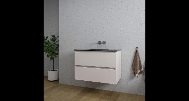 Saniclass Chaci Badkamermeubelset - 80x46x55cm - keramische wastafel zwart - 1 wasbak - zonder kraangat - 2 lades - mat cotton (beige)
