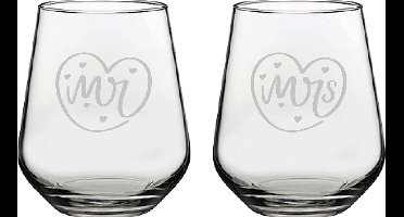 Gegraveerde set drinkglazen 42,5cl Mr. In hartje - Mrs. In hartje