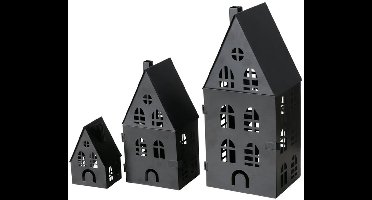 Boltze - Waxine Huisjes - Huisjes - Lantaarn huisjes - set van 3 - Metaal - Zwart - 37, 25 en 15cm hoog