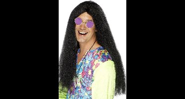 Smiffys Hippie Sixties verkleed set - Pruik lang haar zwart - bril ronde glazen paars - heren