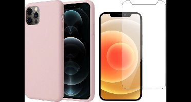 Hoesje geschikt voor iPhone 12 / 12 Pro - Screenprotector GlassGuard - Roze Liquid Siliconen Case