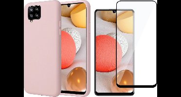 Hoesje geschikt voor Samsung A42 en Screenprotector - Liquid Siliconen Case Cover Hoes Roze + Screen Protector Glas Full