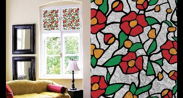 Raamfolie zelfklevend. Glas in lood bloemen rood 45x200cm