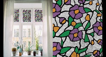 Raamfolie glas in lood bloemen patroon paars 45x200cm