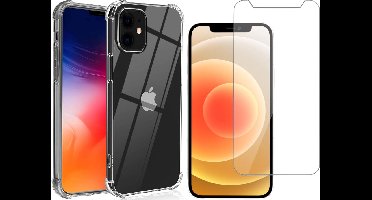 Hoesje geschikt voor iPhone 12 Mini - Anti Shock Proof Siliconen Back Cover Case Hoes Transparant - Tempered Glass Screenprotector