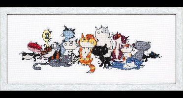 Pako Borduurpakket - tel patroon met codekaart - Pim & Pom en de straatkatten, Fiep Westendorp - 270.119 - voorgesorteerd garen - Aida - 40 x 14 cm - DIY kit