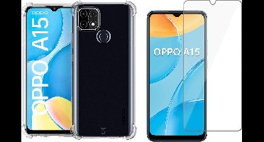 Hoesje geschikt voor Oppo A15 - Anti Shock Proof Siliconen Back Cover Case Hoes Transparant - Tempered Glass Screenprotector
