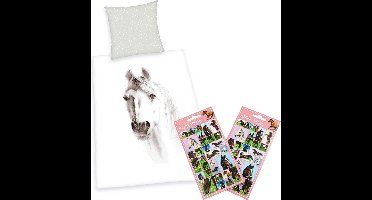 Dekbedovertrek getekend Paard- 1 persoons, katoen- 140x200- incl. Paardenstickers set.