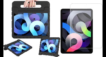 Hoes geschikt voor iPad Air 2022 / 2020 10.9 inch - Screen Protector GlassGuard - Kinder Back Cover Kids Case Hoesje Zwart & Screenprotector