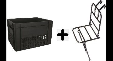 Fiets Transportrek Voordrager 28 inch + Fietskrat Kunststof 40 liter Zwart