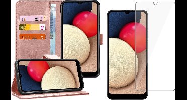 Hoesje geschikt voor Samsung Galaxy A02s - Screen Protector GlassGuard - Book Case Kunstleer Pasjeshouder Rosegoud & Screenprotector