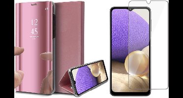 Hoesje geschikt voor Samsung A32 en Screenprotector Spiegel Book Case Cover Hoes Rosegoud + Screen Protector Glas
