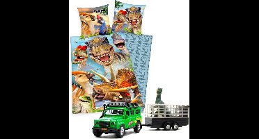 Herding- dekbedovertrek Dinosaur Selfies- 140x200- katoen- dubbelzijdig- ritssluiting- Dino's, incl. Speelgoed Dino Transport.