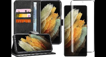 Hoesje geschikt voor Samsung Galaxy S21 Ultra - Screen Protector FlexGuard - Book Case Kunstleer Pasjeshouder Zwart & Screenprotector