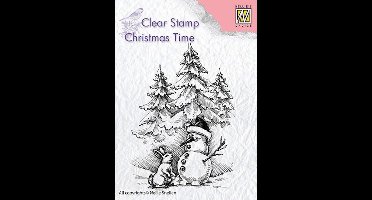 CT026 Nellie Snellen Clearstamp - stempel sneeuwman en haas - konijn en dennenbomen - kerstmis sneeuw scene