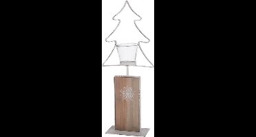 Kerst Sfeerlichten - KAARSHOUDER - Metaal Tree On Wood Pedestal Candle Holder 21x10x52.5cm Antiq