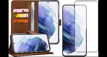 Hoesje geschikt voor Samsung Galaxy S21 Plus - Screen Protector FullGuard - Book Case Kunstleer Pasjeshouder Bruin & Screenprotector