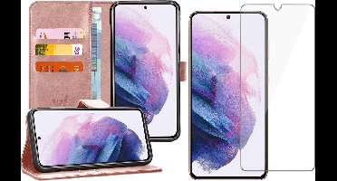 Hoesje geschikt voor Samsung Galaxy S21 - Screen Protector GlassGuard - Book Case Kunstleer Pasjeshouder Rosegoud & Screenprotector