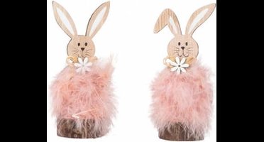 Paasdecoratie - Mini Houten paashaas met veren - koppeltje Konijntjes - set van 2 - 14cm hoog - 2 stuks