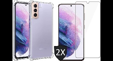Hoesje geschikt voor Samsung Galaxy S21 - 2x Screen Protector GlassGuard - Back Cover Case ShockGuard Transparant & Screenprotector
