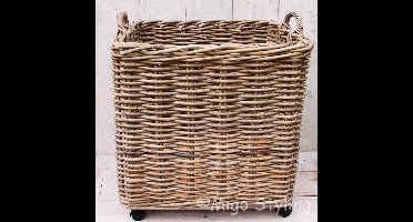 Migo Styling - Houtmand - Met wielen - 60x60xH55 - Vierkant - Hengsels - Riet-Rotan - XXL