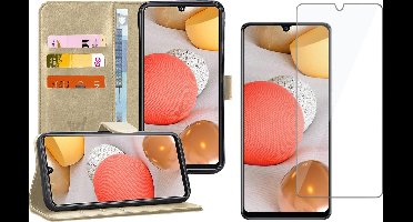 Hoesje geschikt voor Samsung A42 en Screenprotector - Book Case Kunstleer Wallet Goud + Screen Protector Glas
