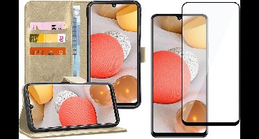 Hoesje geschikt voor Samsung Galaxy A42 - Screen Protector FullGuard - Book Case Kunstleer Pasjeshouder Goud & Screenprotector