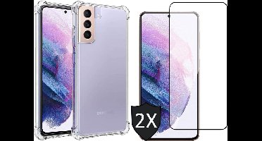 Hoesje geschikt voor Samsung Galaxy S21 - 2x Screen Protector FullGuard - Back Cover Case ShockGuard Transparant & Screenprotector