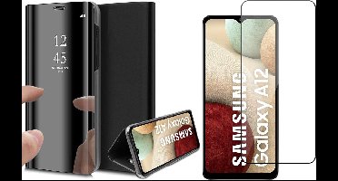 Hoesje geschikt voor Samsung Galaxy A12 - Screen Protector GlassGuard - Book Case Spiegel Zwart & Screenprotector